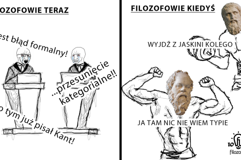 Ilustracja przedstawia po lewej stronie dwóch debatujących przy pulpitach ludzi, z prawej zaś Sokratesa i Platona – Dzień Kultury Fizycznej